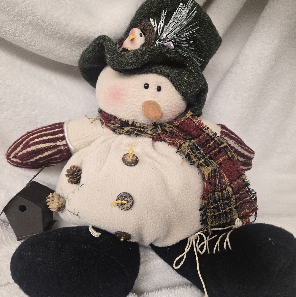 Festive Snowman Plush with Green Hat and Scarf & Birdhouse
